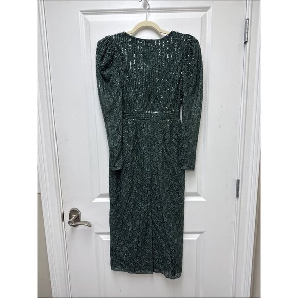 New Mac Duggal Size 2 Green 93676 Beaded Long Sleeve V-Neck Midi Cocktail Dress - Picture 8 of 14